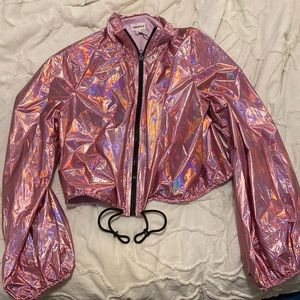 Pink iridescent windbreaker with adjustable black cord at bottom. Zip up, new!